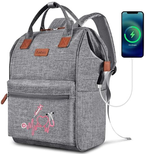 Nurse Backpack / Bag for Women - 15.6 Inch Waterproof Laptop Travel Backpack with USB Charging Port, Large Wide-open Nursing Bags,Nurse Bags for Work,Home Health Clinical Bag for College Teacher, Grey