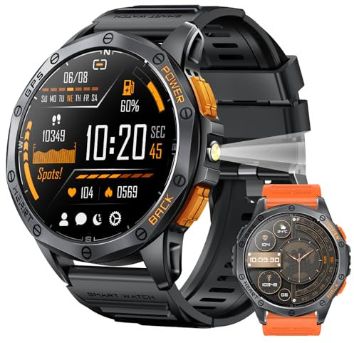 Military Smart Watches Built-in GPS, 170+ Sport Modes for Men with Flashlight, Smartwatch for Android Phones and iPhone, 1.43 AMOLED Screen Bluetooth Call Compass Altimeter (Black & Orange (2 Bands))