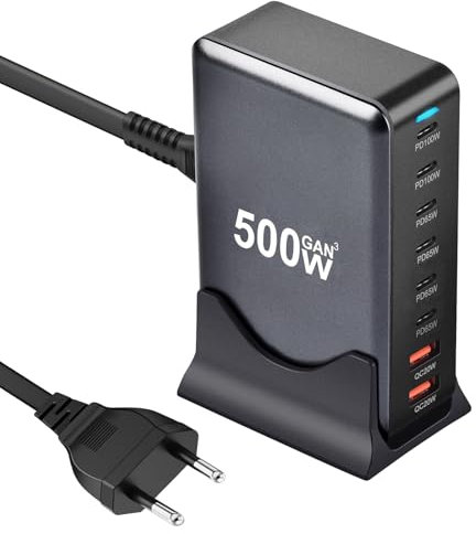 Cargador Múltiple de 500W - 8 Puertos USB-C/USB-A, Estación de Carga Rápida PD PPS 100W para MacBook Pro/Air, iPad Pro/Air, Samsung con 6 USB-C y 2 USB-A