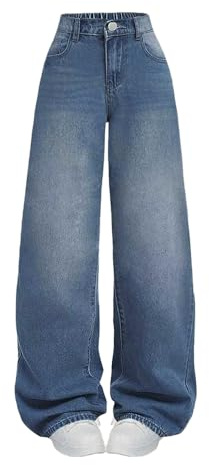 Nivne Tco Tween Girls Wide Leg Jeans - Zipper Fly and Pockets, Elastic Waistband Cute Baggy Denim Pants for Girls Clothing (US, Age, 11 Years, Blue)