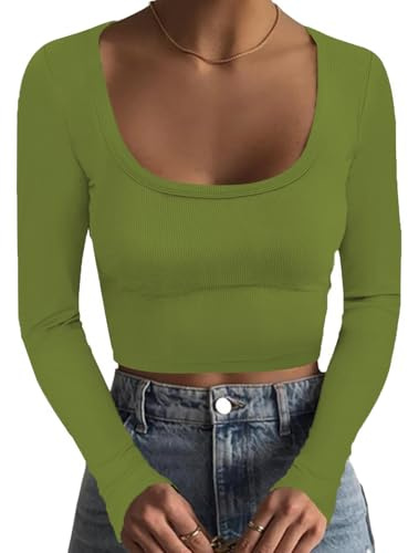 DUOEASE Dam långärmad T-shirt med rund hals ribbad crop top för kvinnor smal passform basic ledig topp