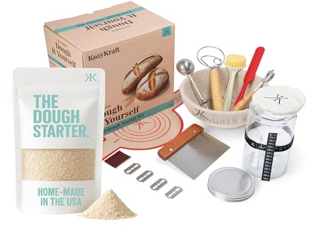 KozyKraft “Ready-Set-Bake” Sourdough Starter BUNDLE – Complete Bread-Making Kit w/ 9″ Banneton Basket, Danish Whisk, Lame + Scraper & LIVE Wild Yeast Culture – Beginner Friendly, Organic, Non-GMO