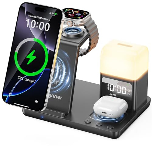 Augnner Stazione di ricarica induttiva per iPhone 17/16/15/14/13/12/11 Serie, caricatore wireless 6 in 1 con lampada da comodino e sveglia, caricatore wireless compatibile AirPods 4/3/2/Pro
