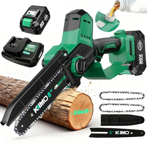 KIMO 8-INCH Mini Chainsaw Cordless, 4.0Ah Batteries & Fast Charger, 34 FT/S Powerful Cutting Handheld Chain Saw w/Auto Oiler, Brushless Battery Powered Chainsaw Electric for Dad Tree Trimming