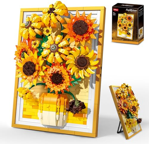 Sosuy Set de Blocs de Construction Tournesol, Art Mural Floral 2-en-1 avec Cadre, Décoration Murale, Jouet pour Femmes Adultes Ados Filles, Cadeau Anniversaire 1011+ Pièces