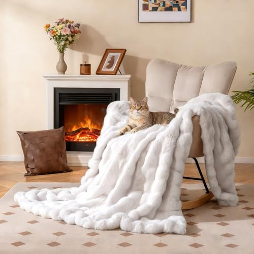 COSTWAY Couverture Polaire Flanelle, Plaid en Fausse Fourrure Chaude et Moelleuse, Épaisse, Jeté de Canapé Confortable pour Lit, Canapé, Fauteuil, pour Toutes Les Saisons (150 x 200 cm,Blanc)