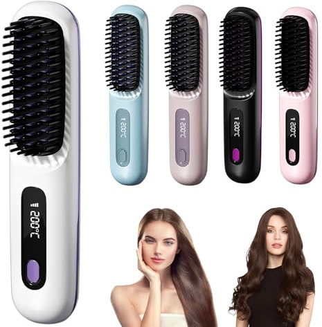 LYPPUL Cepillo Alisador de Pelo Inalámbrico, 160-200 ℃ Cepillo Alisador Pelo, Mini Cepillo Alisador Portátil, Pantalla LCD con 9 Temperaturas, Calentamiento Rápido, Elimina El Encrespamiento