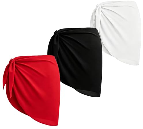 SrgPui 3 PCS Sarongs for Women Beachwear, Black, White and Red Sarongs, Beach Cover Ups for Women, Multicolour Beachwear Swimsuit Cover Ups Skirt for Ladies