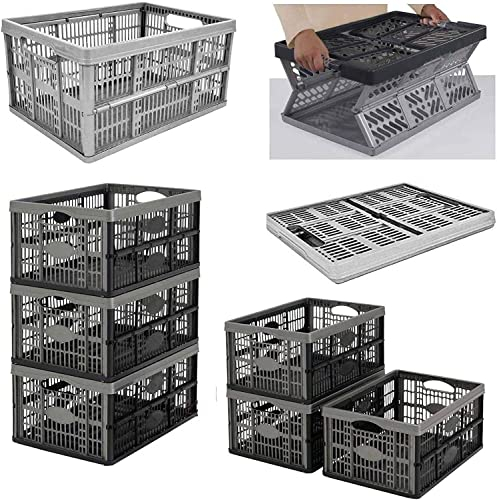 Strong Folding Collapsible Plastic Storage Crates Boxes Stackable Basket 32L Fold able Crate Stacking Basket Easy Camping Storage Lightweight Compact Crate Folding Collapsing (PACK OF 5)