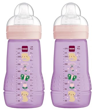 MAM Easy Active, lot de 2 biberons, 270 ml, avec tétine MAM taille 1, en silicone SkinSoft, biberons avec forme ergonomique, pour bébé de 0 mois et plus, motif de chat/papillon