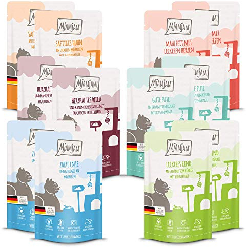 MjAMjAM - Premium Nassfutter für Katzen - Quetschie Mixpaket III, 12er Pack (12 x 125 g), getreidefrei mit extra viel Fleisch