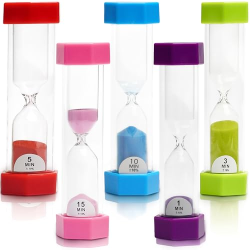 Sanduhr für Kinder, Sanduhren Set für Kinder, Kinder lernuhr, Bunter Sand, Küchen-Timer-Uhr, 1Min/ 3Min/ 5Min/ 10Min/ 15Min Dekoration Zeitmesser Timer, 5 Stück…