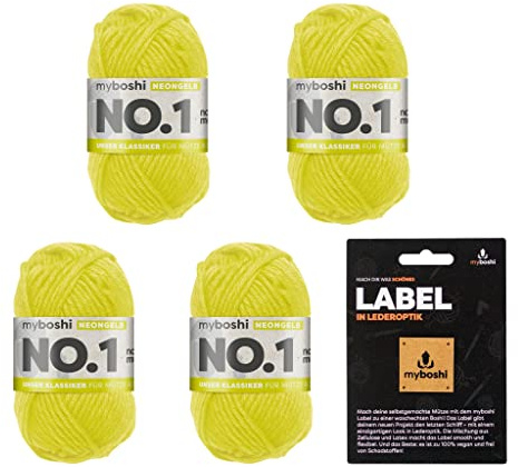 myboshi No.1 Wolle zum Häkeln und Stricken, Schnellstrickgarn, inkl. Label, Strickwolle, Häkelwolle, mulesing-frei, Ll. 55m /50g, 30% Wolle (Merinowolle) Neongelb, 4 Knäuel