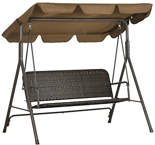 Outsunny Dondolo da Giardino 3 Posti con Tettuccio Parasole Regolabile, Dondolo da Esterno con Seduta Traspirante in Rattan PE e Acciaio, Portata fino a 240 kg, 167x112x153 cm, Marrone