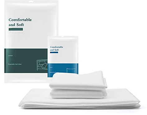 HASLED Weiß Einweg Bettlaken und Kissenbezug, Einweg Spannbettlaken aus Vliesstoff, Gebündelte Reise Betttuch und Kissenbezug, für Hotels, Krankenhaus, Reisen, SPA (210 X 230 cm)