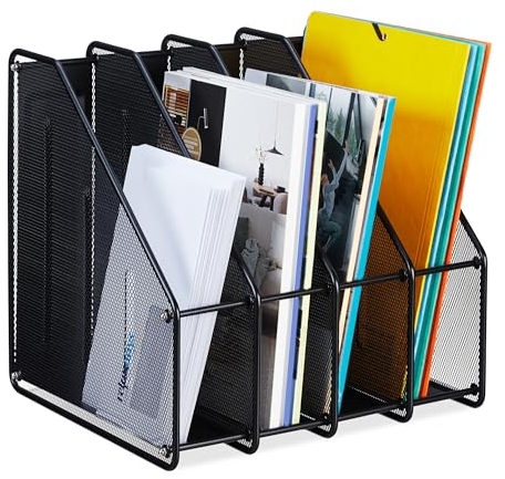 Relaxdays Stehsammler, A4, 4 Fächer, Mesh-Design, HBT: 31,5x32x29 cm, Büro & Home-Office, Stehordner, Metall, schwarz