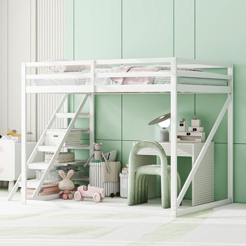 Merax Cama Alta de 140 x 200 cm con Escalera de Seguridad para niños, con somier, Cama con Espacio de Almacenamiento para niños, niñas, Blanco (sin colchón)