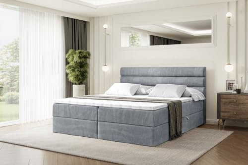 ALTDECOR Boxspringbett mit Matratze und Lattenrost, Boxbett, Topper, Polsterbett mit Bettkasten, Bett mit Stauraum H3-Matratze, Doppelbett, Springboxbett Celestia - 180x200 - Grau Samt
