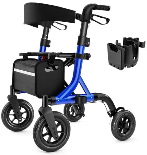 MAXWALK Déambulateur tout-terrain pour personnes âgées, roues en caoutchouc de 25,4 cm, déambulateur pliable avec siège rembourré, tasse et support de téléphone, câble intégré, design compact, hauteur