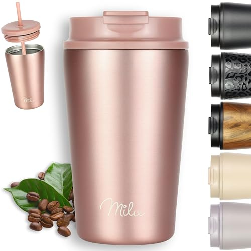 Milu Thermobecher 400ml - 100% Auslaufsicher - Edelstahl Kaffeebecher to go isoliert mit Strohhalm hält 10h heiß / 20h kalt, BPA-frei (Rose Gold, 400ml)