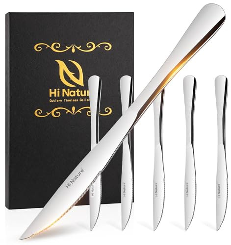 Hi Nature™ Juego de 6 Cuchillos para Carne – Cuchillos Chuleteros de Acero Inoxidable – Diseño Ergonómico, Aptos para Lavavajillas – 22,5 cm – Elegantes y Duraderos