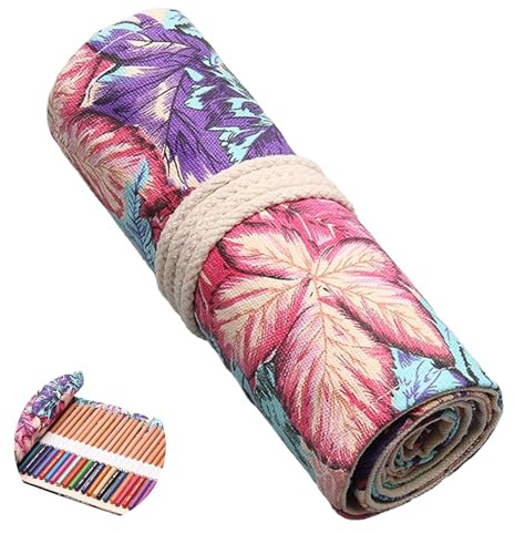 Hoxgar 24 Löcher Leinwand Federmäppchen für Buntstifte, Große Kapazität Federmappe, Künstler Buntstifte Organizer, Pencil Wrap Stifterolle zum Bleistift, Zeichenwerkzeuge und Pinsel (Keine Bleistift)
