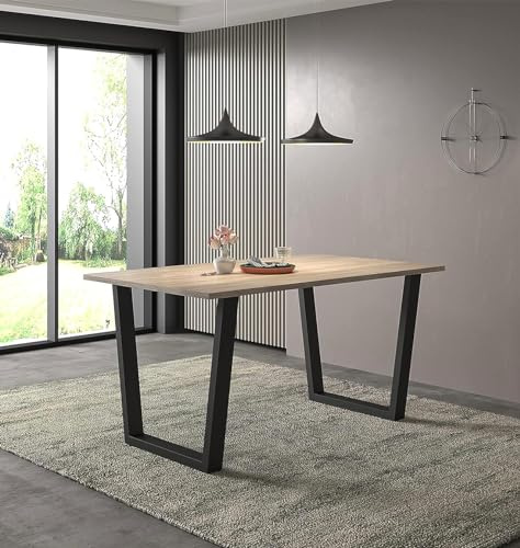 Hallowood Furniture Dudley Large Dining Table with Metal Legs, Industrial Style Light Oak Dining Table with Black U-Shaped Legs, Kitchen Tables for Home or Offices, Seats 4-6 People (150cm)