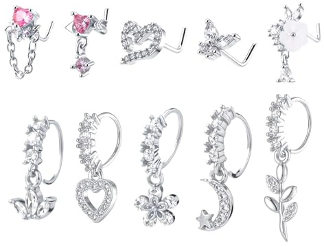 Yolev 10 Stück 20G Nasenpiercing Gold Nasenpiercing mit Anhänger Silber Baumelnde Nasenring Nase Nasenstecker Nasenring Ring Septum Piercing mit Zirkonia Nasenstecker für Damen Herren