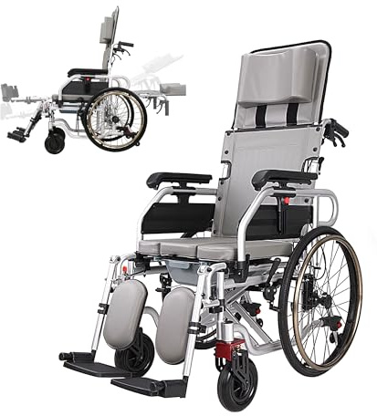 Silla reclinable completa, silla de ruedas autopropulsada con respaldo alto con soporte para piernas y reposacabezas, para uso de inodoro y ducha de discapacitados, 4 ruedas