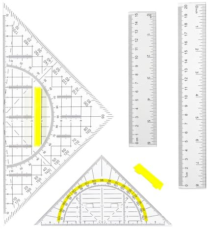 Geometriskt set med 4 delar – triangel med handtag 14 cm och 20 cm, dubbelskala linjal, 15 cm och 20 cm – transparent, hållbar, perfekt för skola, kontor, teckning och matematik