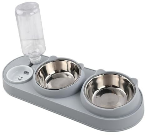Gamelle Chat Surélevée Inclinée 15° Double Bol avec Distributeur Eau Automatique 500ml - Set Gamelles pour Chats et Petits Chiens Antidérapant Anti-Vomissement - Protection Cervicale