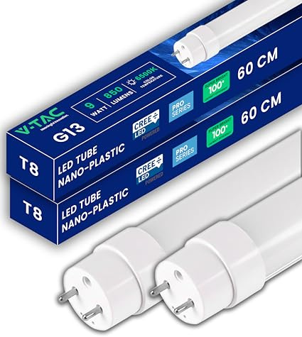 V-TAC 2x Tubos LED 60 CM - T8 G13-9W - [ CHIP LED CREE DE ALTA EFICIENCIA ] - 850 Lúmenes - Tubos LED para Techo, Pared, Garaje - Tubo LED forma T8 - Sustitución de Neón - Blanco Frío 6500K