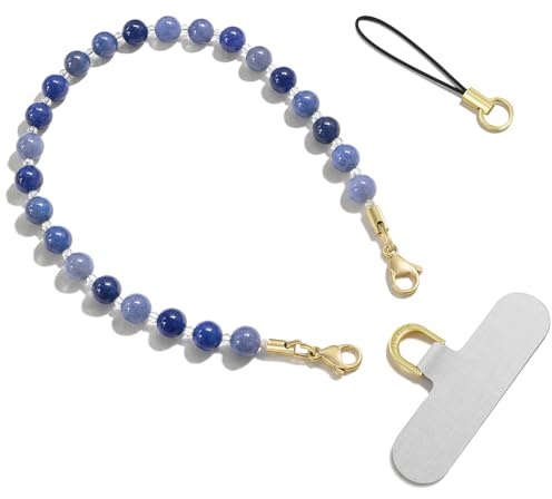 SURPHY Handyanhänger aus Naturstein, Kurze Handykette aus Naturkristall & Echtes Gestein für Taschenanhänger, Universal Handyhülle mit Patch, Aventurin Blau