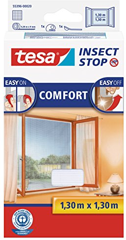 tesa Insect Stop Comfort Fliegengitter für Fenster - Insektenschutz mit Klettband selbstklebend - Fliegen Netz ohne Bohren - 130 cm x 130 cm - Weiß (Leichter Sichtschutz)