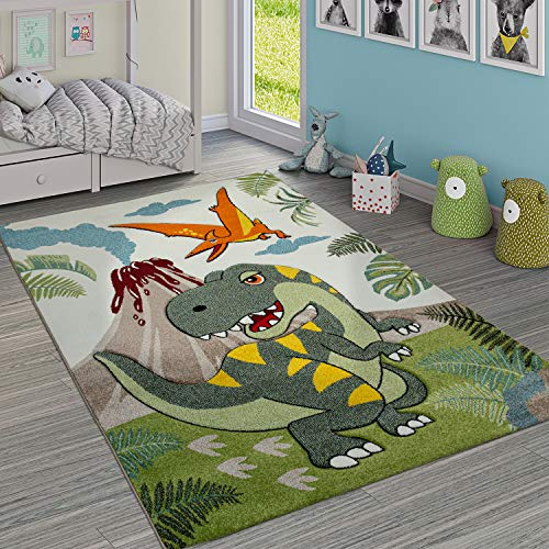 Paco Home Alfombra Infantil Adorable Dinosaurios Selva Volcán Efecto 3-D Pelo Corto Verde, tamaño:Ø 120 cm Redondo