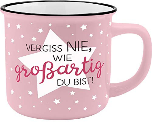 GRUSS & CO Becher Motiv Großartig | New Bone China Porzellan, Emaille-Optik, 35 cl | Geschenk, Tasse mit Spruch | 45774