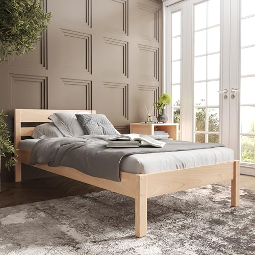 Hansales Holzbett 90x200 cm Külli Scandi Style ohne Rollrost aus unbehandeltem hartem FSC® Birken Vollholz - über 350 kg - Einzelbett Bettgestell mit Kopfteil.