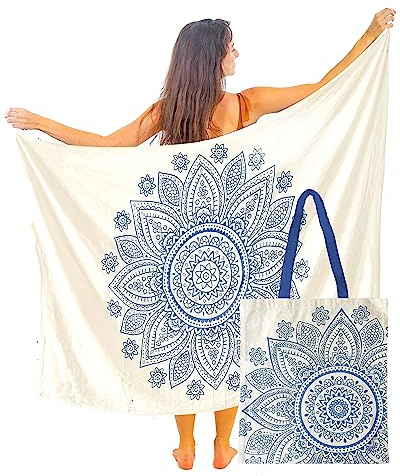 Mandala Life ART Paréo de Plage pour Femme - avec Sac - Boho Chic Cache Maillot - Sarong - Tapisserie - Bleu