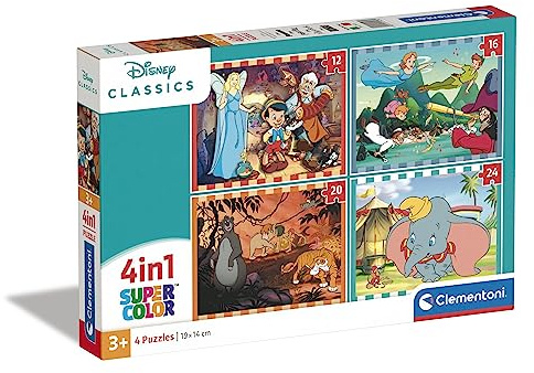 Clementoni - 21523 - Puzzle Supercolor 4 en 1 - Disney Classics - 12+16+20+24 pièces, puzzle pour enfants de 3 ans, puzzle dessin animé, fabriqué en Italie