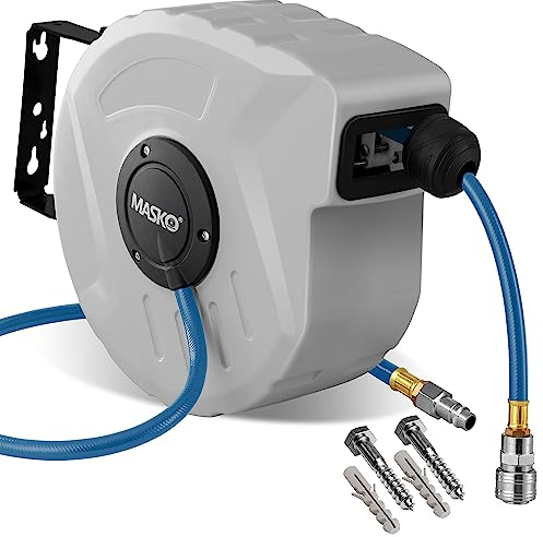 MASKO® Automatik Druckluftschlauch Aufroller 30m – Schlauchtrommel mit 1/4 Anschluss, Schlauchaufroller, Wandhalterung, Tragegriff, 180° schwenkbar, Schlauchbremse, vormontiert/sofort einsatzbereit