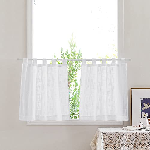 PONY DANCE Tende Corte per Finestre 2 Pezzi 60x45 CM Tende a Pacchetto per Cucina Bianca con Passanti Curtains Semitrasparenti Effetto Lino a Vetro per Bagno