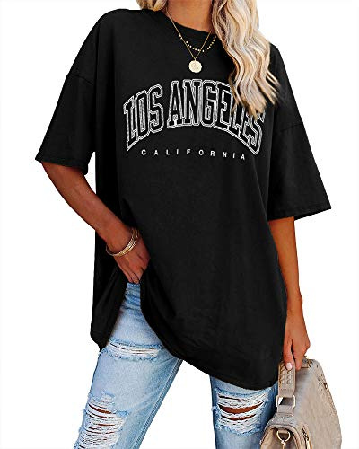 Ebifin Oversize t-shirt damer vintage kortärmad rund hals Los Angeles toppar toppar casual lös basic sommar t-shirts skjortor blus.