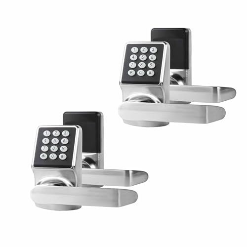 Keyless Entry Door Lock with Handle - Keypad Door Lock with Handle for Front Door, Digital Code Lock with Fob Card and Keys, Anti-Peep Keypad Lock, Heavy Duty Zinc Alloy, Brushed Nickel Finish-2PACK