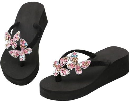Dasongff Tong Sandale de Plage Semelle Souple Été Femme Élégant Papillon/Fleurs Claquette Semelle Epaisse Tongs Pantoufles Flip Flops Slippers Femmes Été Ado Filles Claquettes Strass