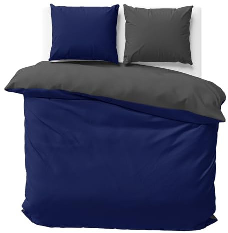 Visaggio Wende Bettwäsche Mikrofaser 200x220 cm + 2X Kissenbezug 80x80 cm Dunkelblau Anthrazit Bettbezug Set Allergiker geeignet Atmungsaktiv
