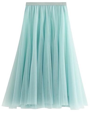Tyllkjol dam A-linje elastisk hög midja midikjol mesh stor fåll lång kjol elegant veckad kjol sommarkjol, Ljusgrön, one size