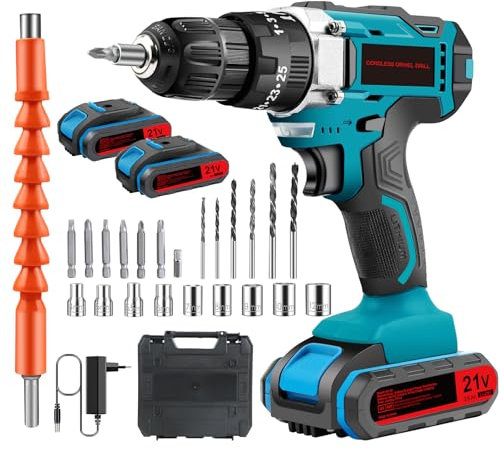 Taladro Percutor a Bateria 21V, Taladro Atornillador Electrico, Taladro Bateria Atornillador 2x2.0Ah Baterías, 40Nm, 25+3 Ajustes, 2 Velocidad, 24 Accesorio