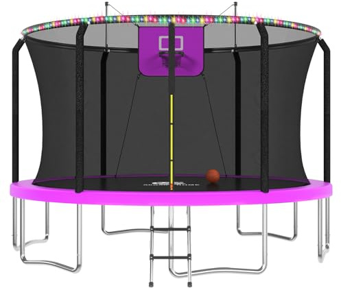 ACWARM HOME 14 FT Trampoline for Kids and Adults, Trampolines with Basketball Hoop and LED Lights,Trampoline Outdoor with Net, ASTM Approved, Purple