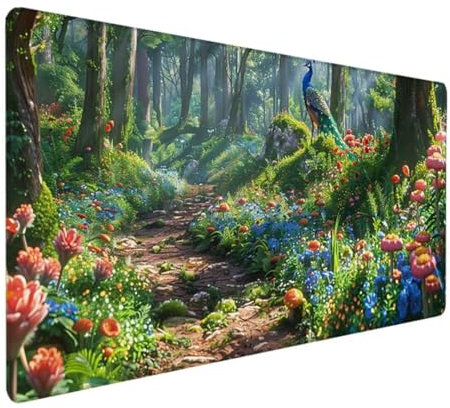 BEIJUYHU Mauspad XXL, Gaming Mauspad 700x300x3 mm, Großes Mauspad mit Genähten Kanten, rutschfeste Desk Mat, Verlängertes großes Mauspad Schreibtischauflage für Büro und Zuhause Wald Pfau 9-5