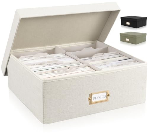 ZICOTO Modern Decorative Photo Storage Box - Collapsible Linen Photo Organizer with Dividers, Perfect for 4x6 Pictures - Portable Scrapbook Storage Containers with Lid, 6.3x4.4x2.5 inches